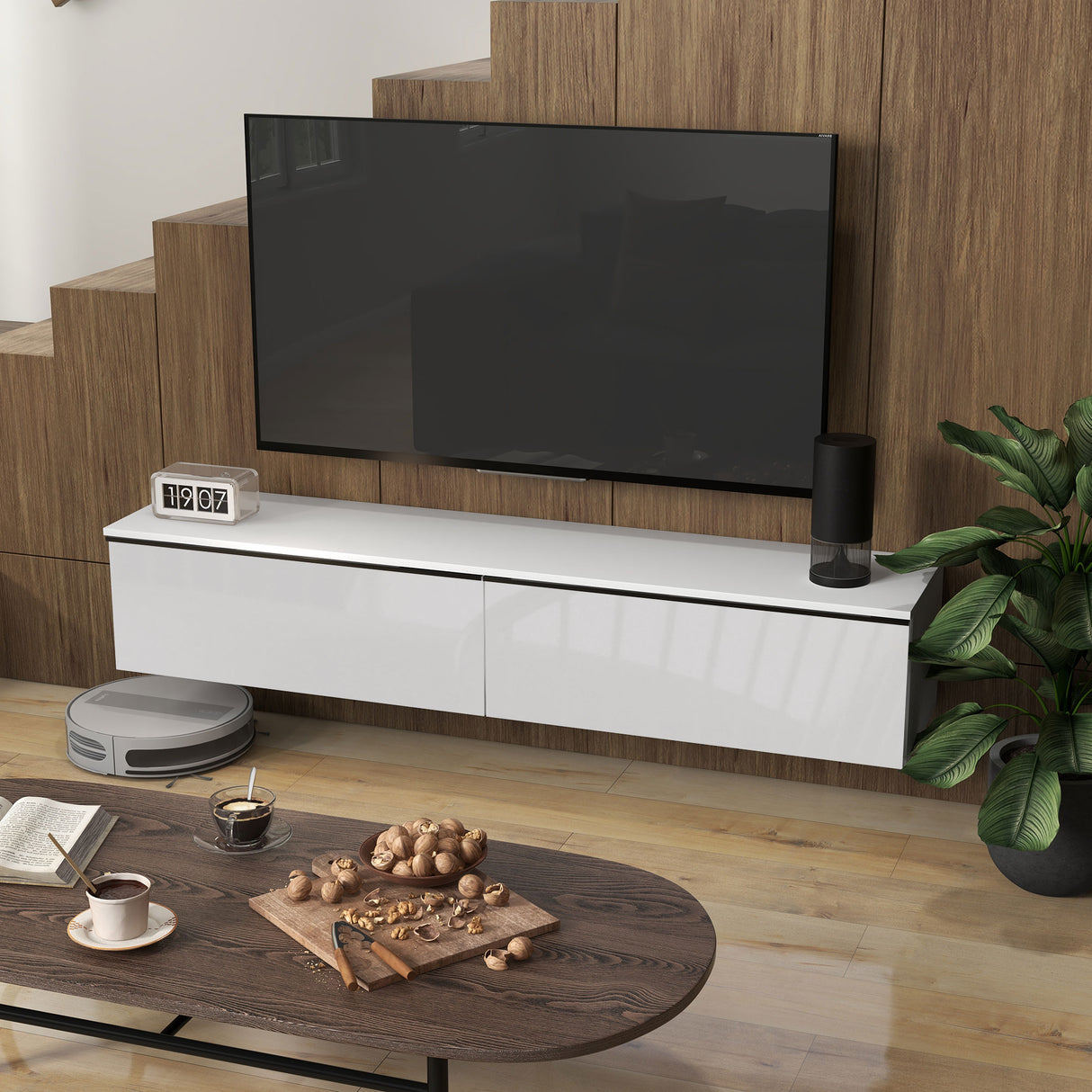 High Gloss Wall Mounted Floating TV Stand 160cm Wide With Flip Up Door - Velmora