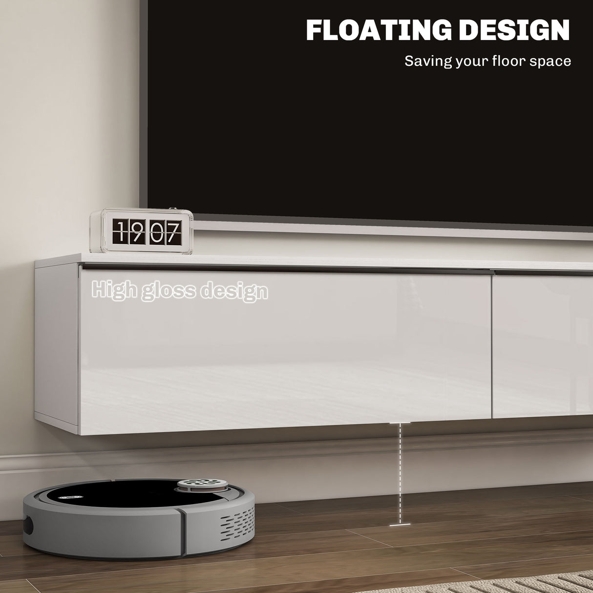 High Gloss Wall Mounted Floating TV Stand 160cm Wide With Flip Up Door - Velmora