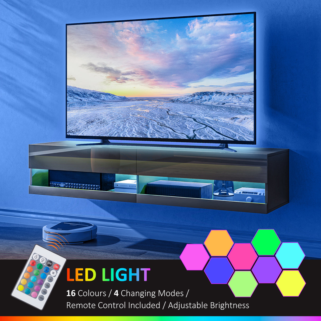 High Gloss Wall Mounted TV Stand 150cm Wide With LED Lights - Velmora