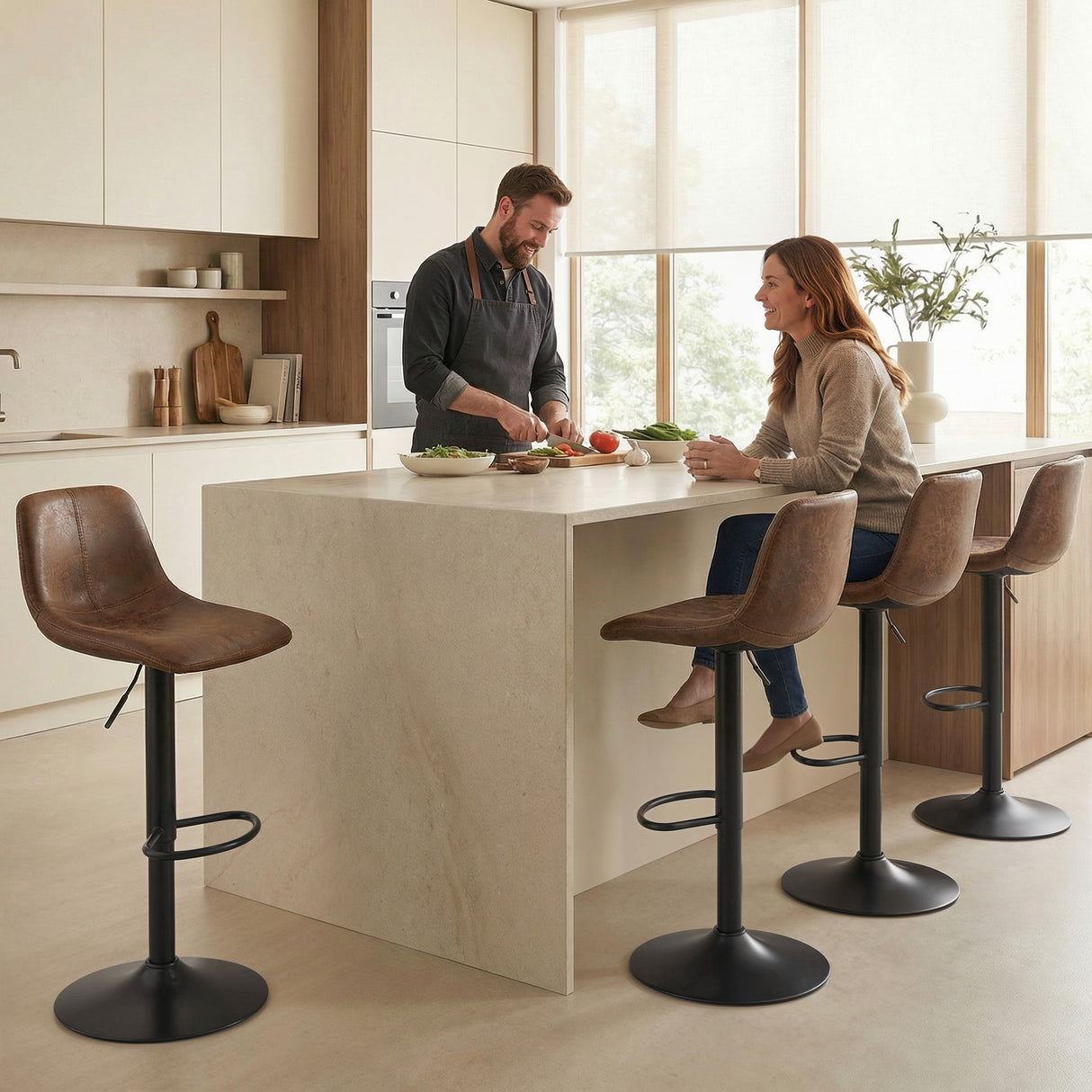 Leathaire Faux Leather Bar Stools in Set Of 2 With Footrest - Velmora