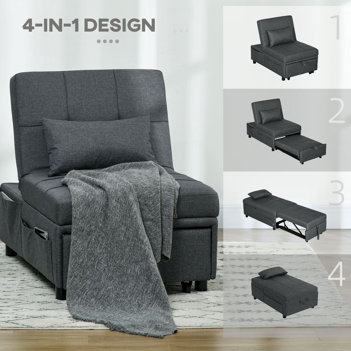 Linen Fabric 1 Seater Sofa Bed 65.5cm Wide With 1 Pillow - Velmora