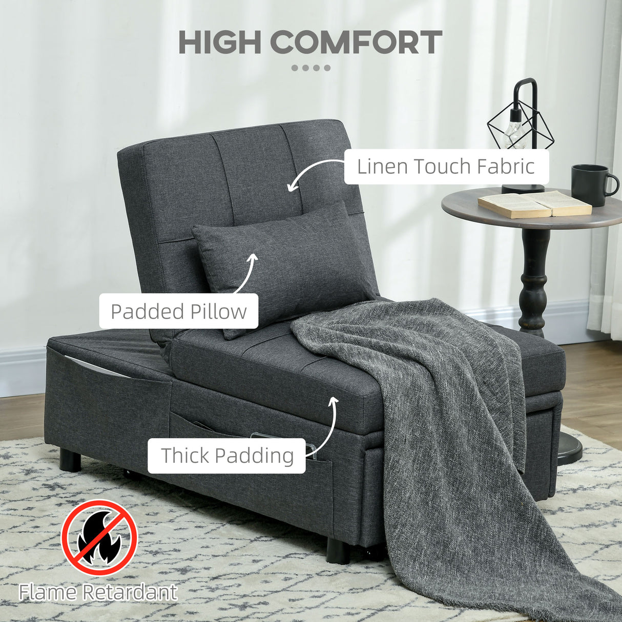 Linen Fabric 1 Seater Sofa Bed 65.5cm Wide With 1 Pillow - Velmora