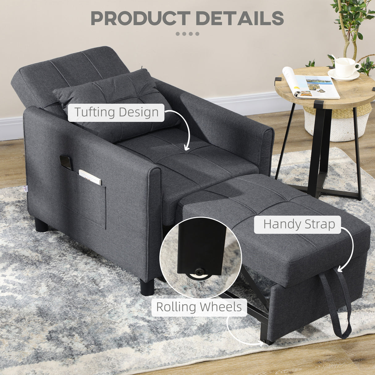 Linen Fabric 1 Seater Sofa Bed 69cm Wide With 1 Pillow - Velmora