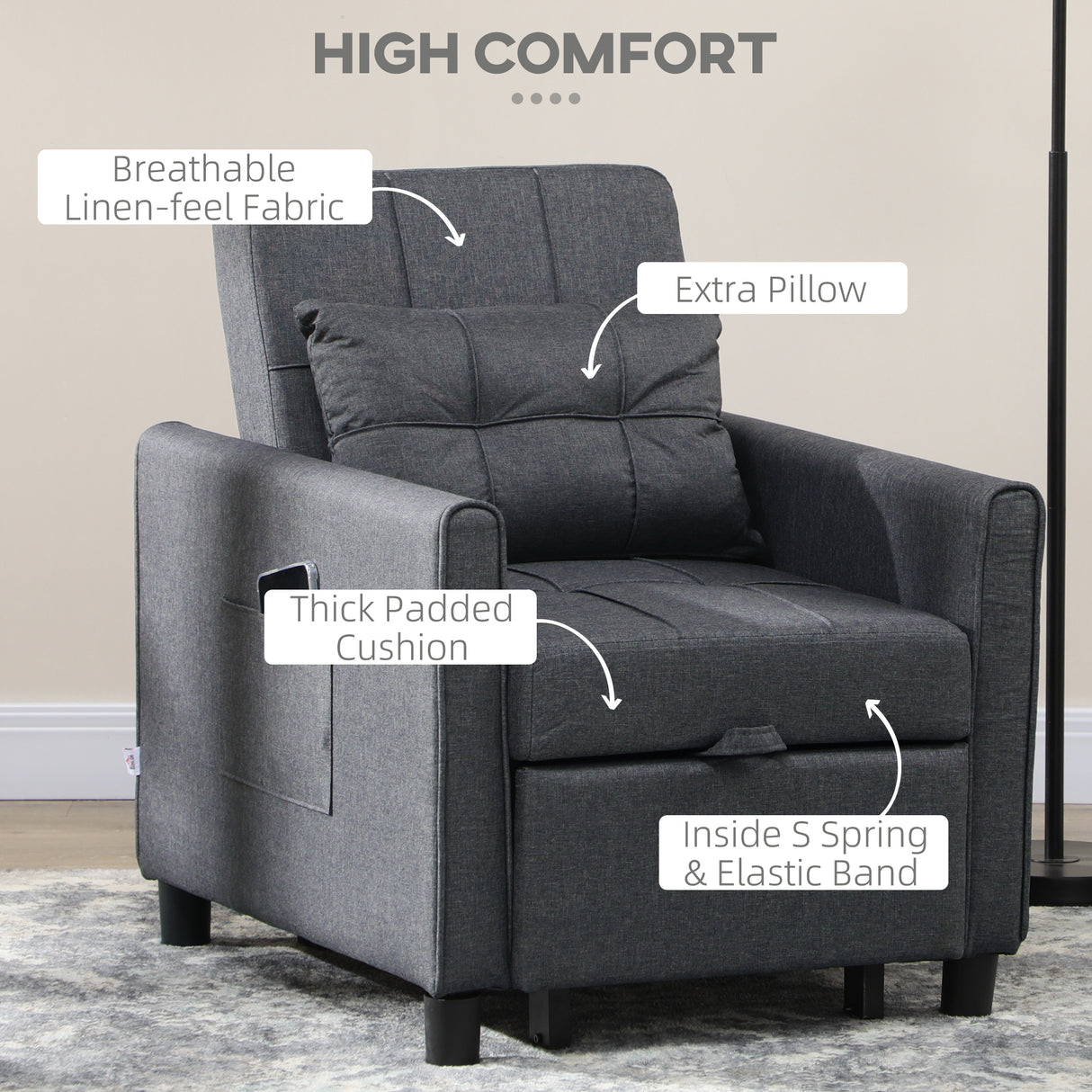 Linen Fabric 1 Seater Sofa Bed 69cm Wide With 1 Pillow - Velmora