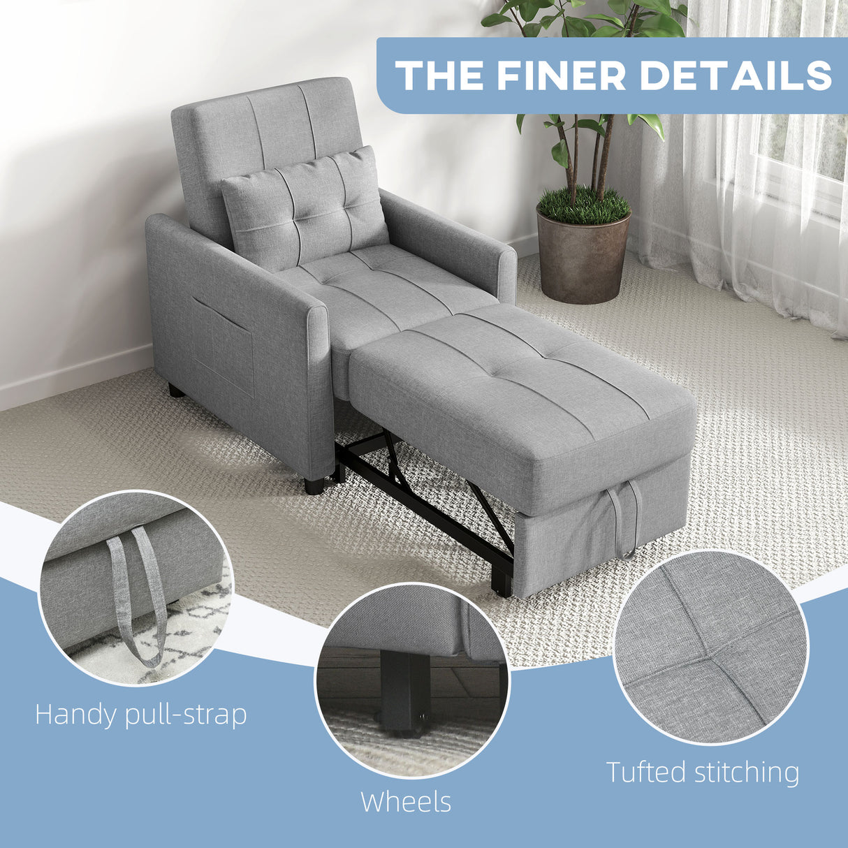 Linen Fabric 1 Seater Sofa Bed 69cm Wide With 1 Pillow - Velmora