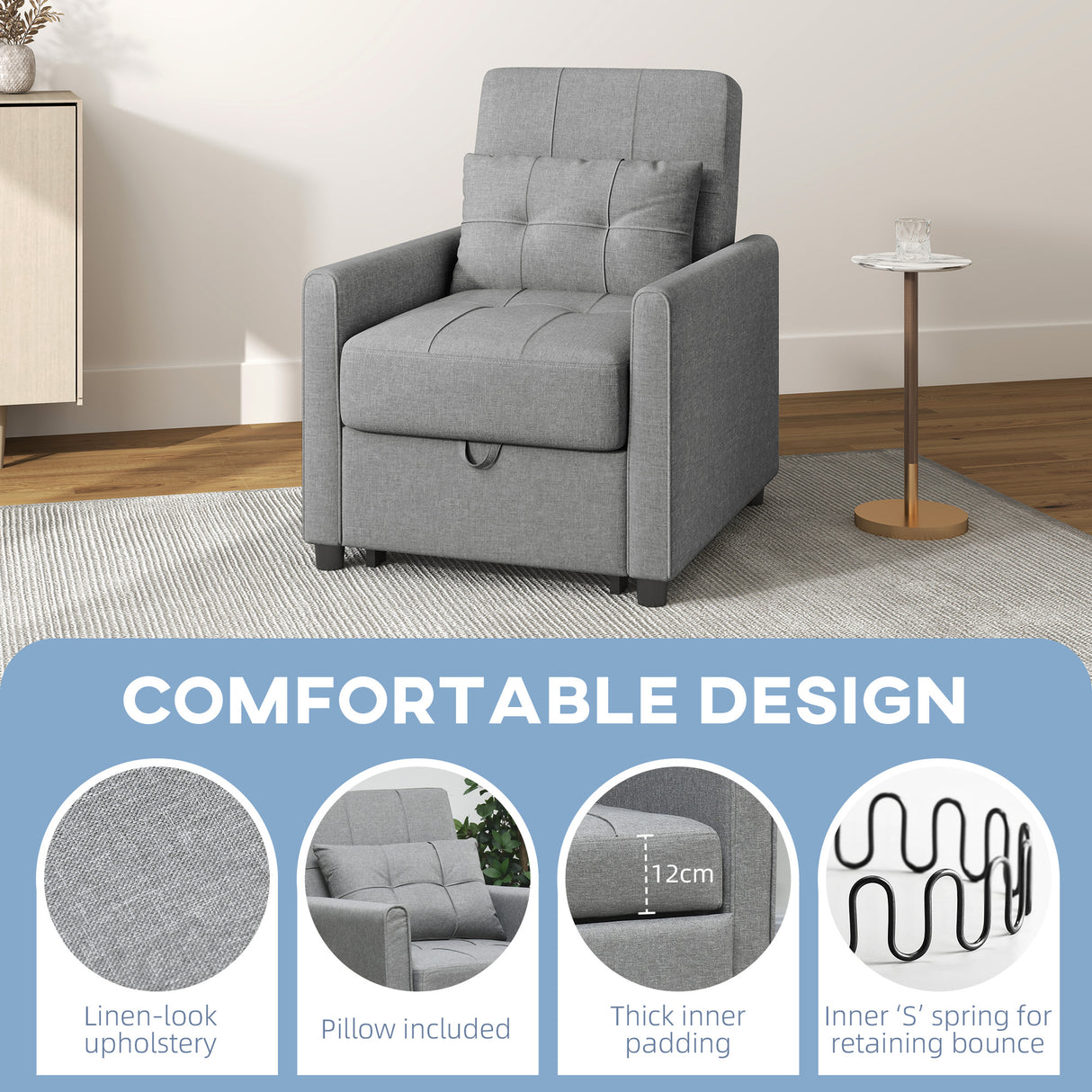 Linen Fabric 1 Seater Sofa Bed 69cm Wide With 1 Pillow - Velmora