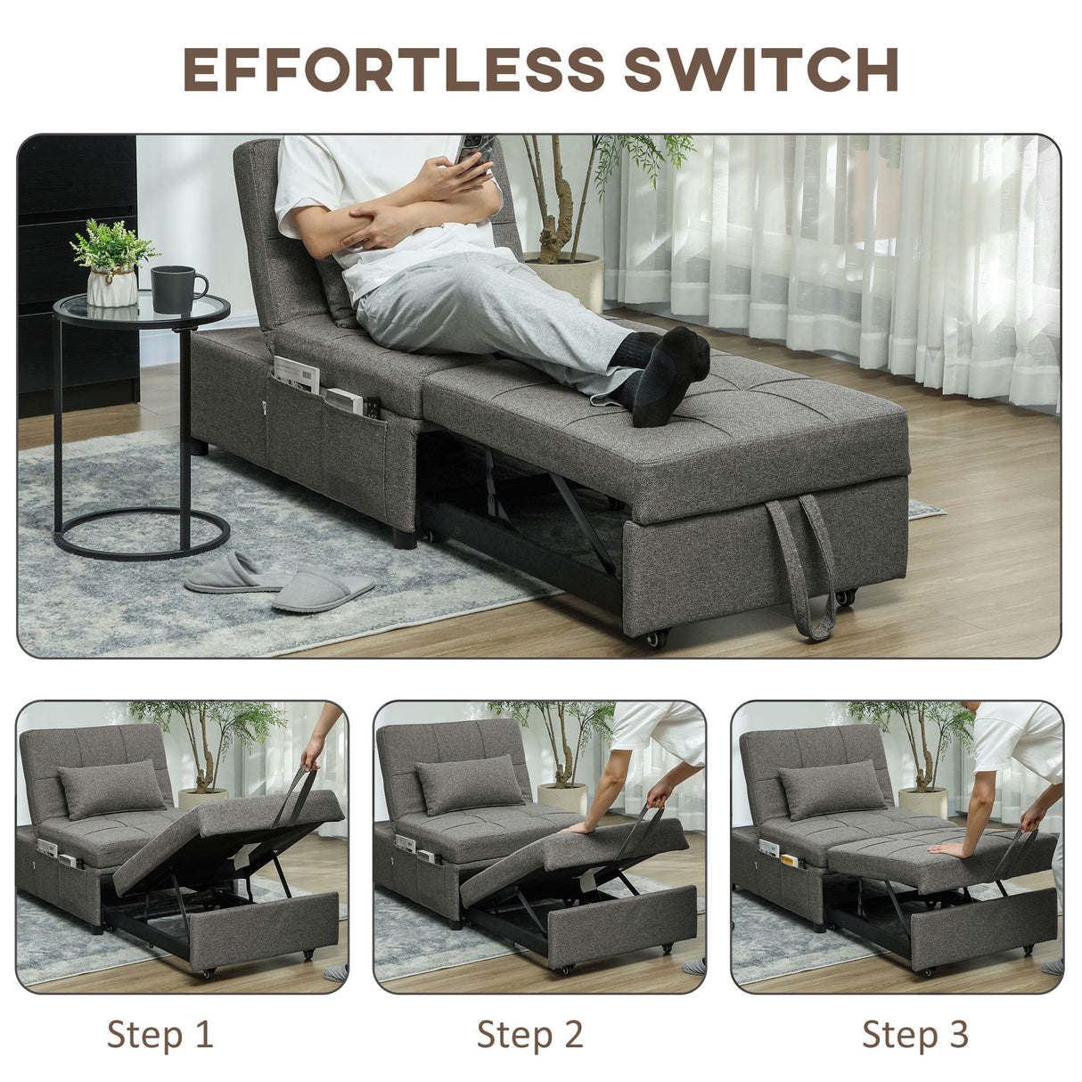 Linen Fabric 1 Seater Sofa Bed 72cm Wide With 1 Pillow - Velmora