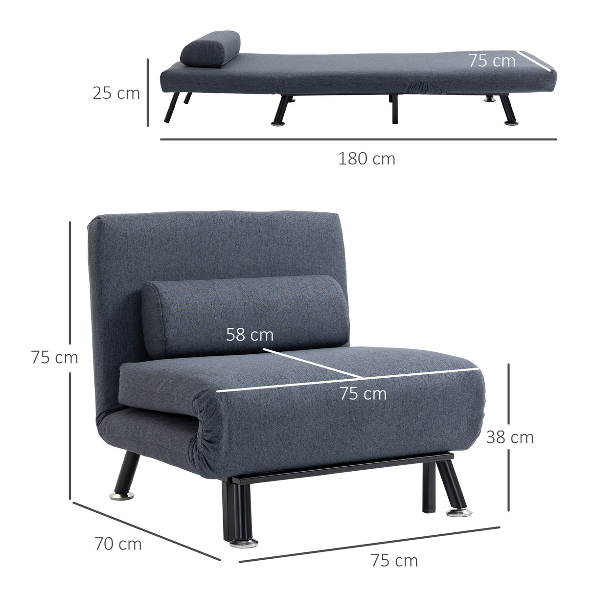 Linen Fabric 1 Seater Sofa Bed 75cm Wide With 1 Pillow - Velmora