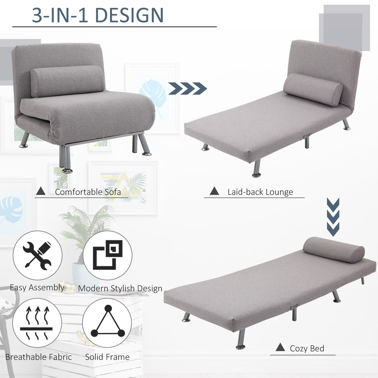 Linen Fabric 1 Seater Sofa Bed 75cm Wide With 1 Pillow - Velmora