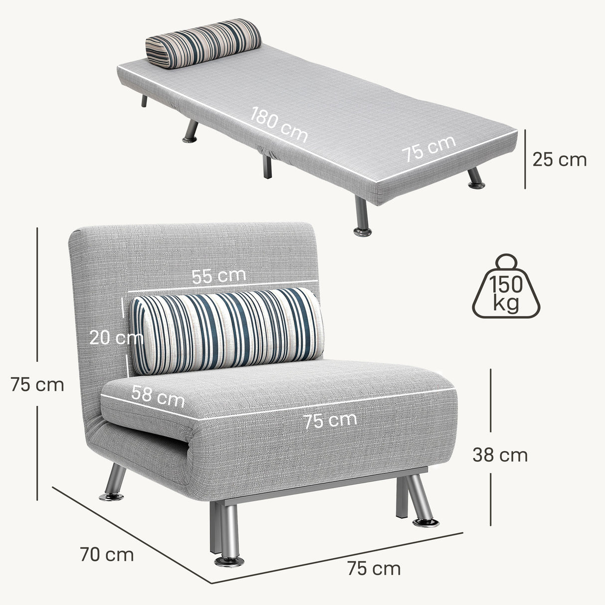 Linen Fabric 1 Seater Sofa Bed 75cm Wide With 1 Pillow - Velmora