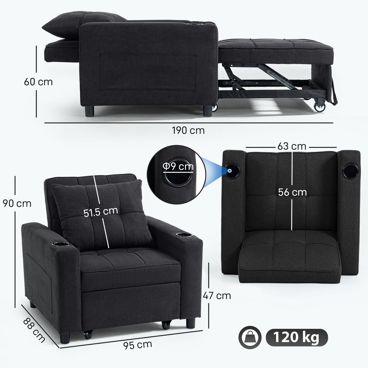 Linen Fabric 1 Seater Sofa Bed 95cm Wide With 1 Pillow - Velmora