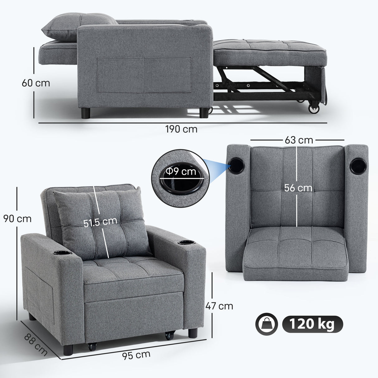 Linen Fabric 1 Seater Sofa Bed 95cm Wide With 1 Pillow - Velmora