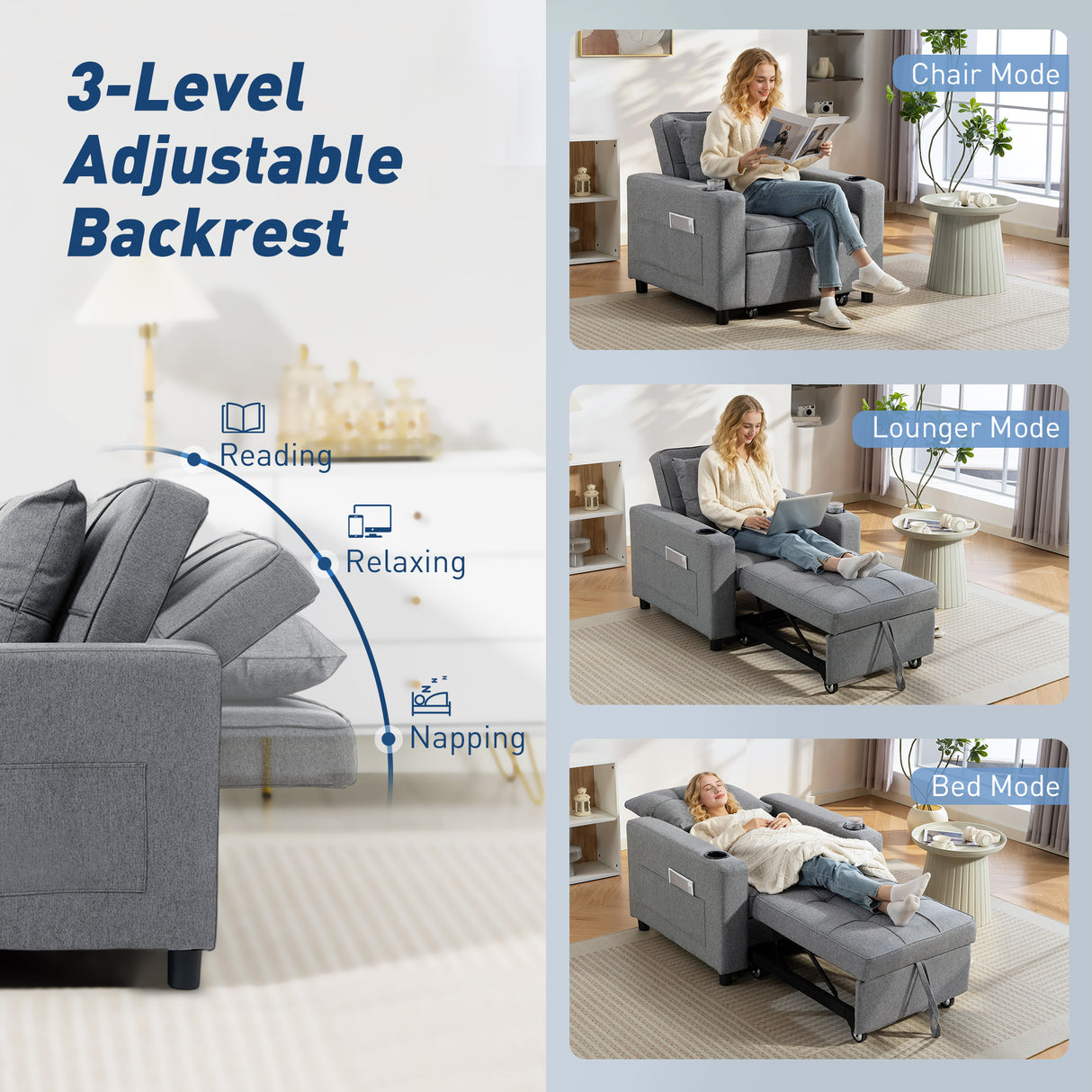Linen Fabric 1 Seater Sofa Bed 95cm Wide With 1 Pillow - Velmora