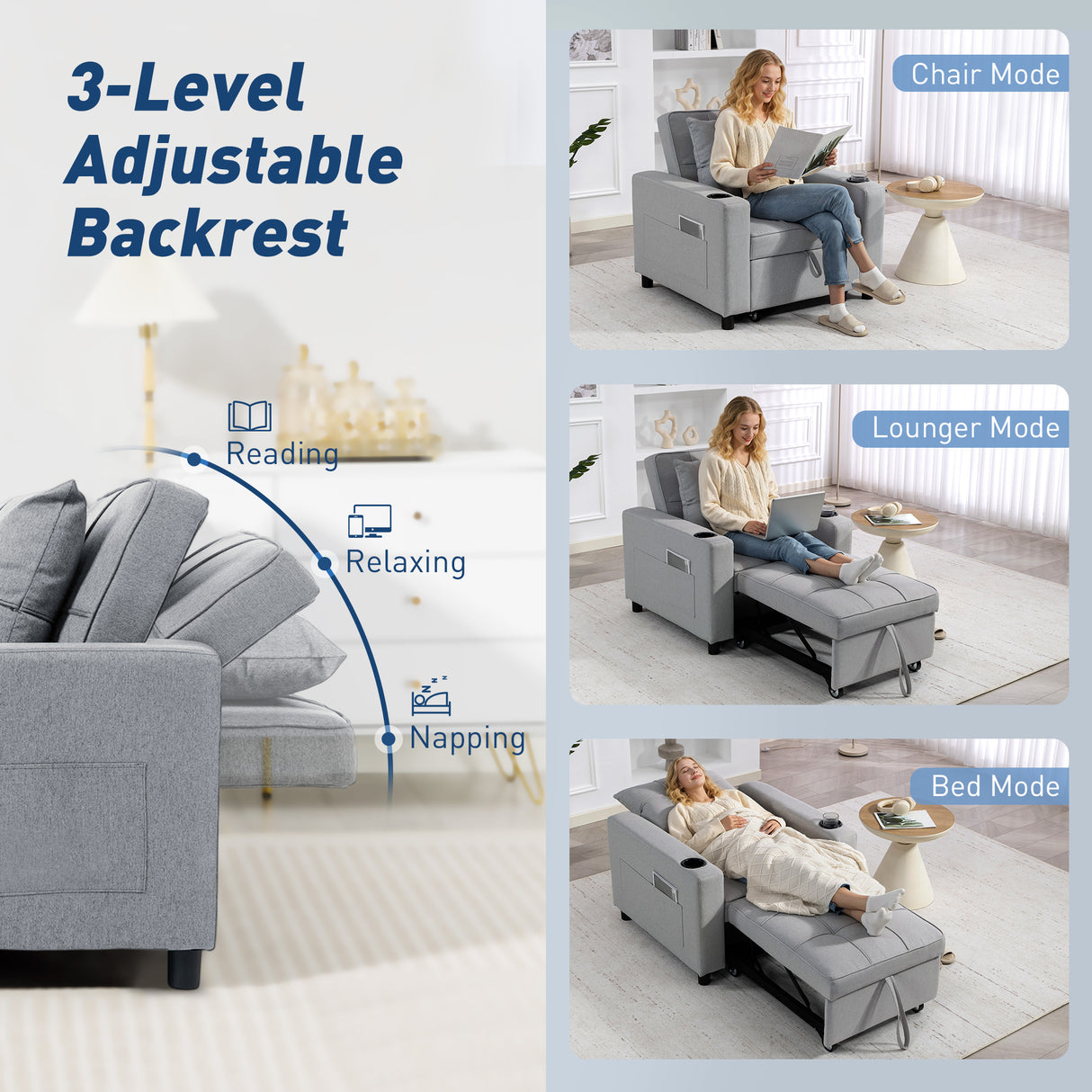 Linen Fabric 1 Seater Sofa Bed 95cm Wide With 1 Pillow - Velmora