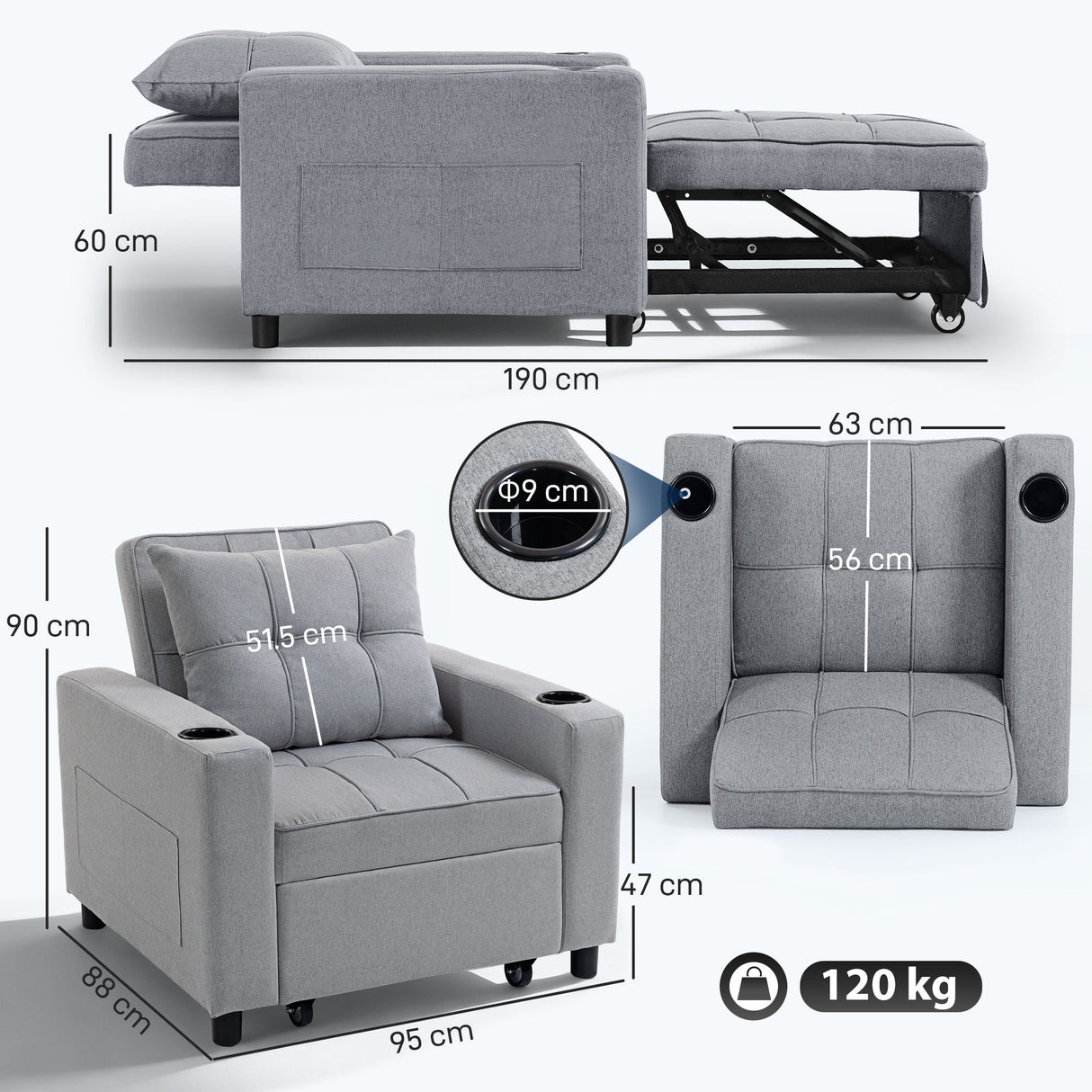 Linen Fabric 1 Seater Sofa Bed 95cm Wide With 1 Pillow - Velmora