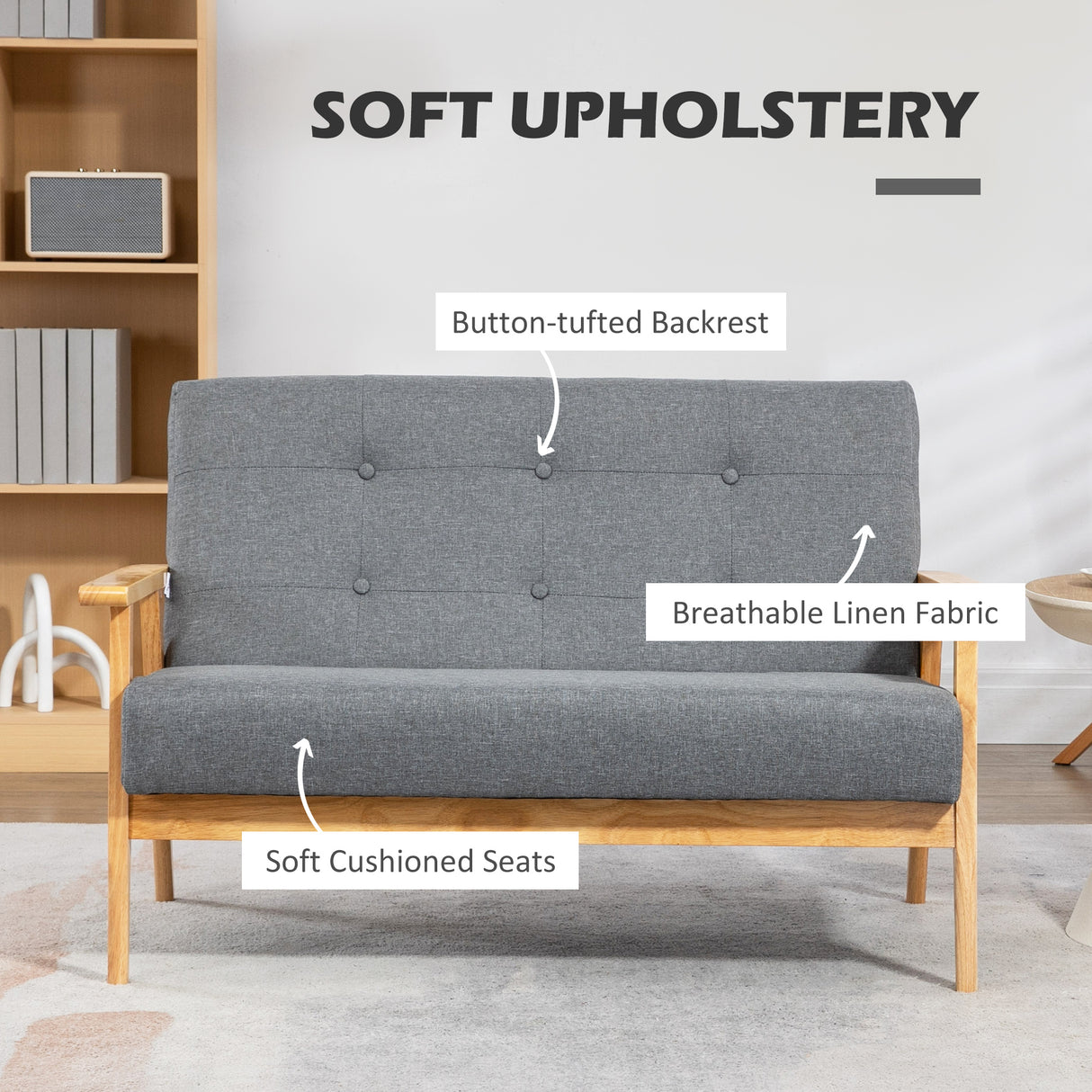 Linen Fabric 2 Seater Sofa 115cm Wide With Rubberwood Legs - Velmora