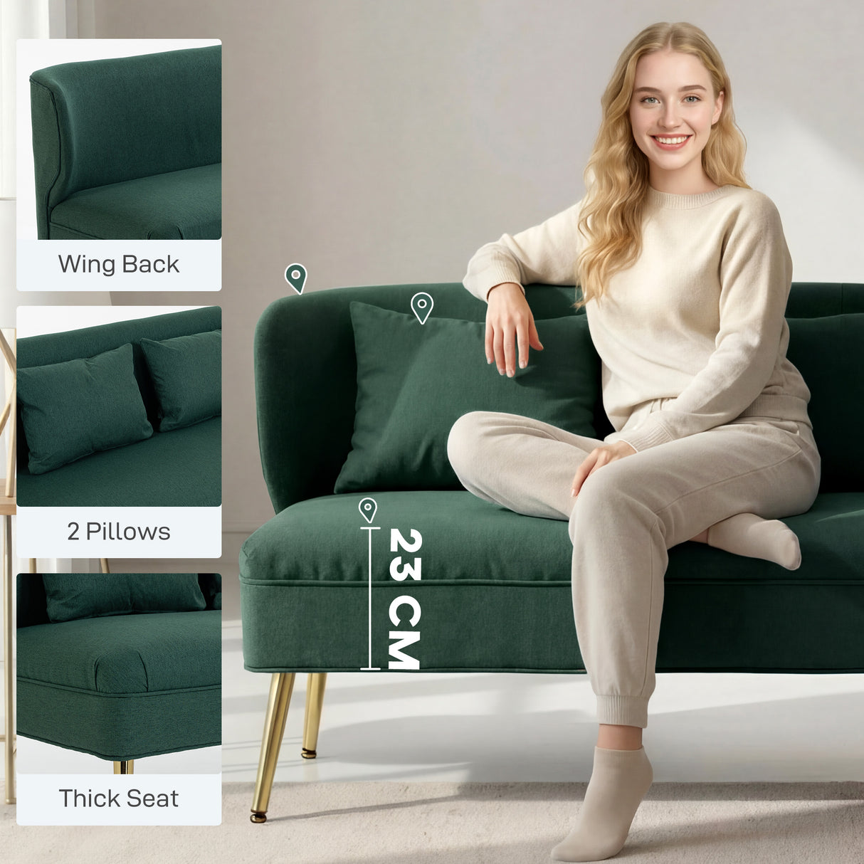 Linen Fabric 2 Seater Sofa 117cm Wide With Metal Legs - Velmora