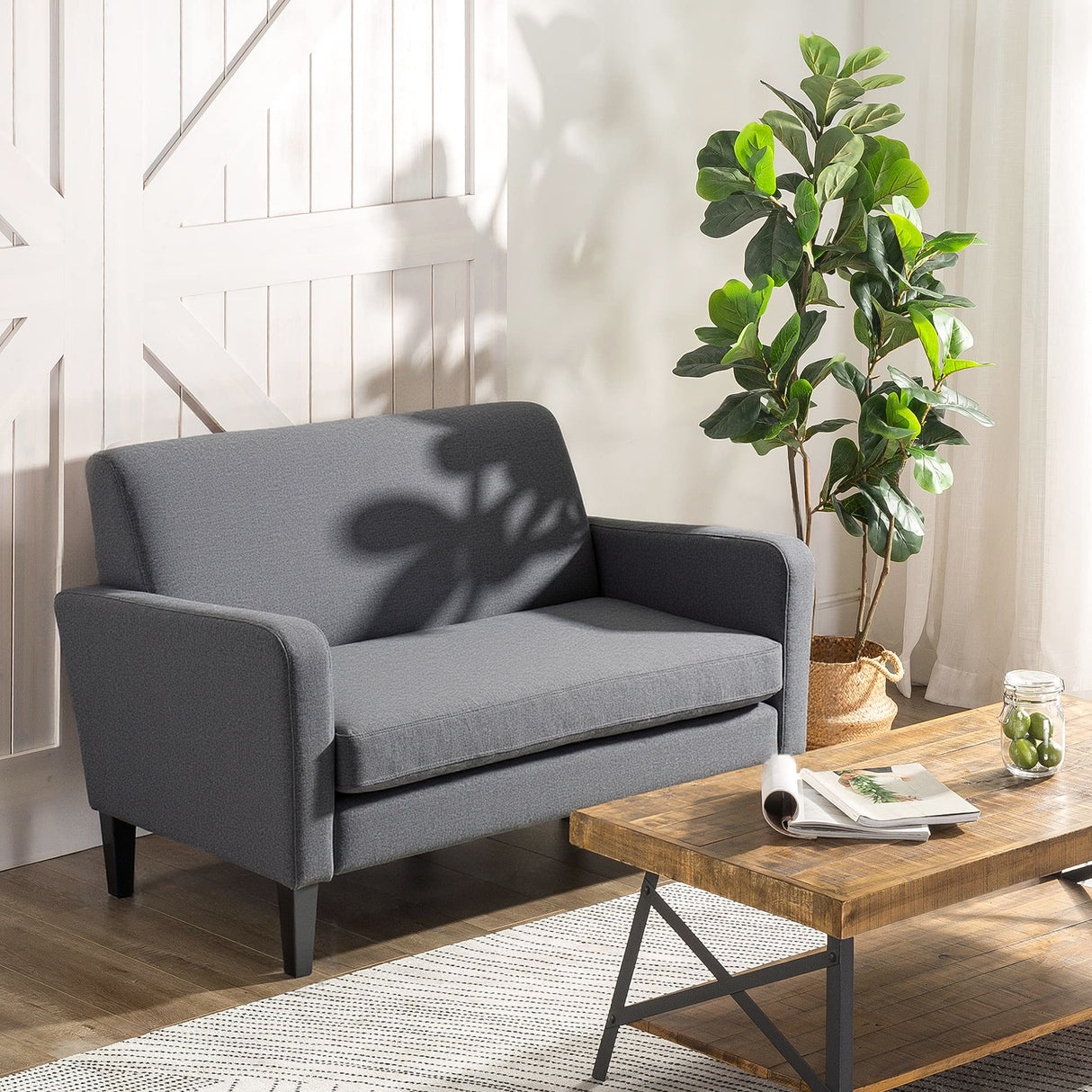 Linen Fabric 2 Seater Sofa 122cm Wide With Wooden Legs - Velmora