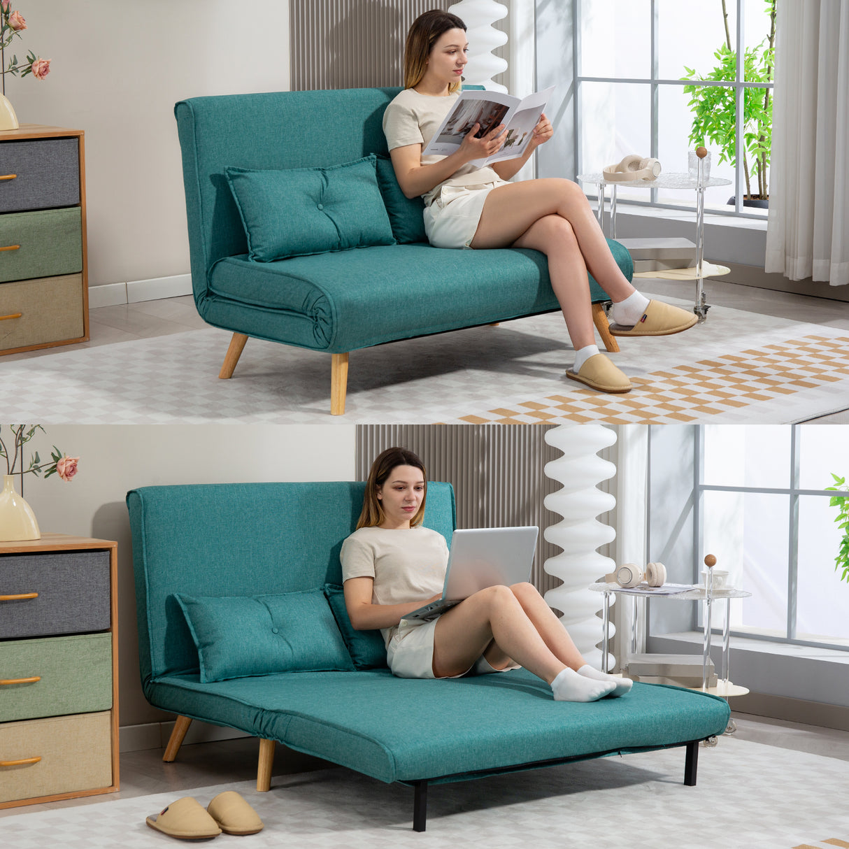 Linen Fabric 2 Seater Sofa Bed 120cm Wide With 2 Pillows - Velmora