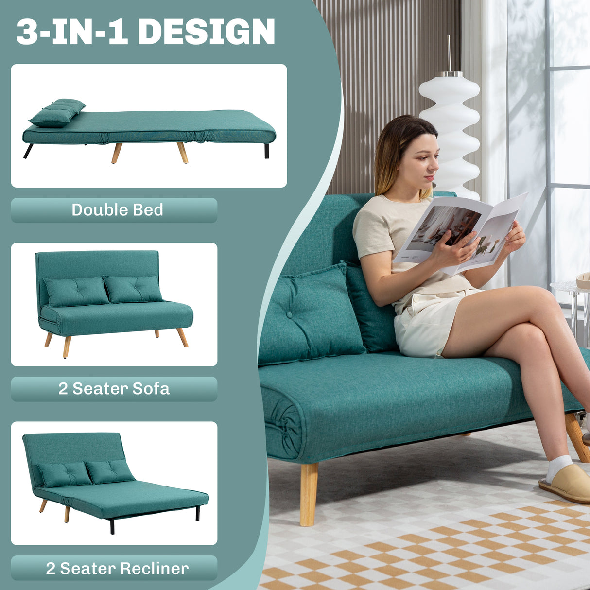 Linen Fabric 2 Seater Sofa Bed 120cm Wide With 2 Pillows - Velmora