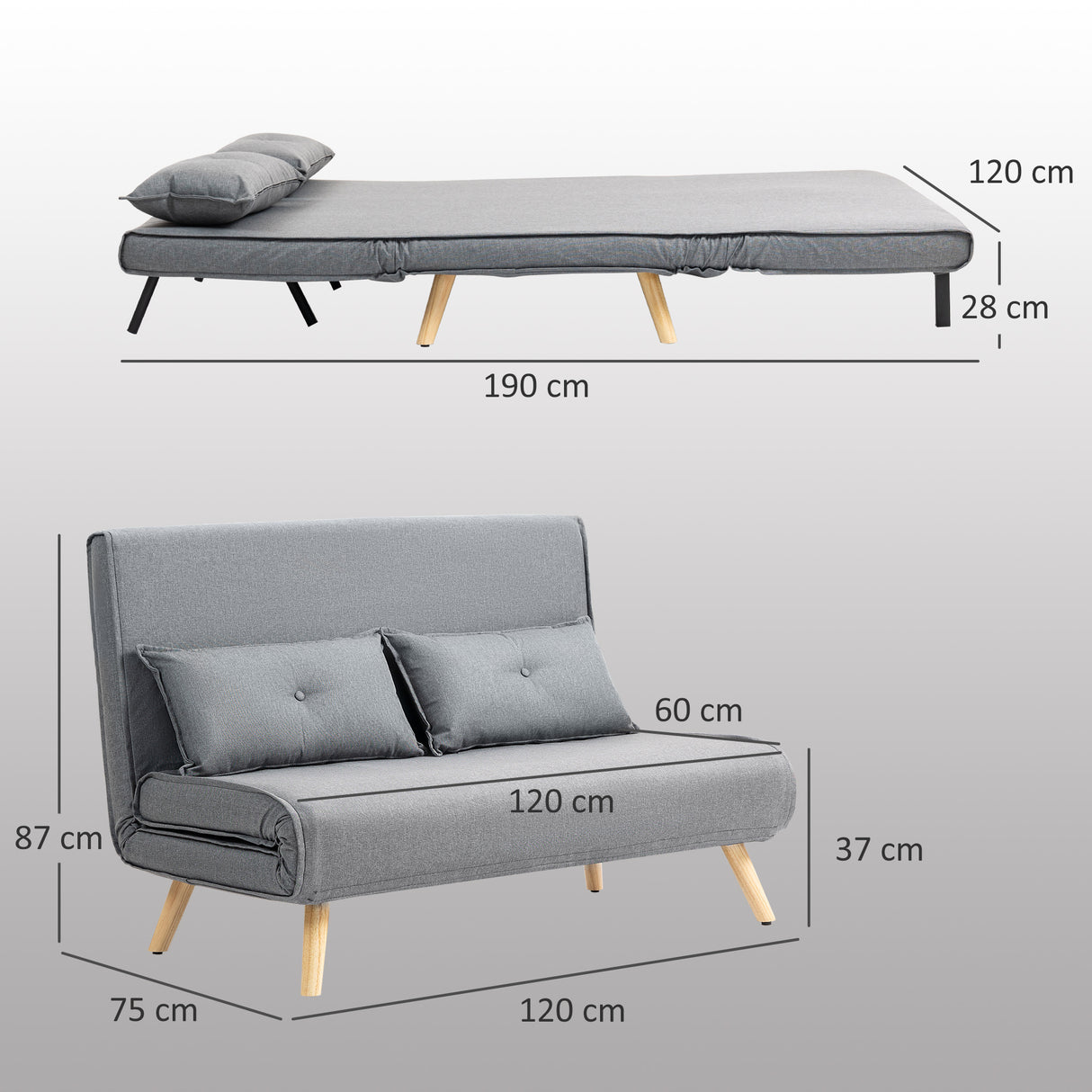 Linen Fabric 2 Seater Sofa Bed 120cm Wide With 2 Pillows - Velmora