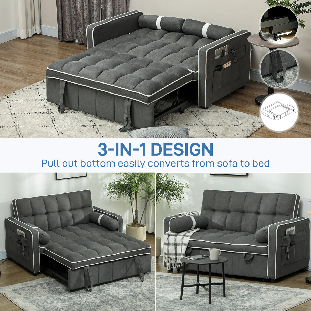 Linen Fabric 2 Seater Sofa Bed 138.5cm Wide With 2 Pillows - Velmora