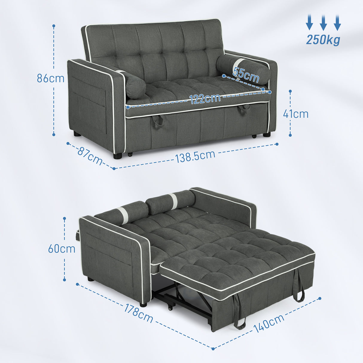 Linen Fabric 2 Seater Sofa Bed 138.5cm Wide With 2 Pillows - Velmora
