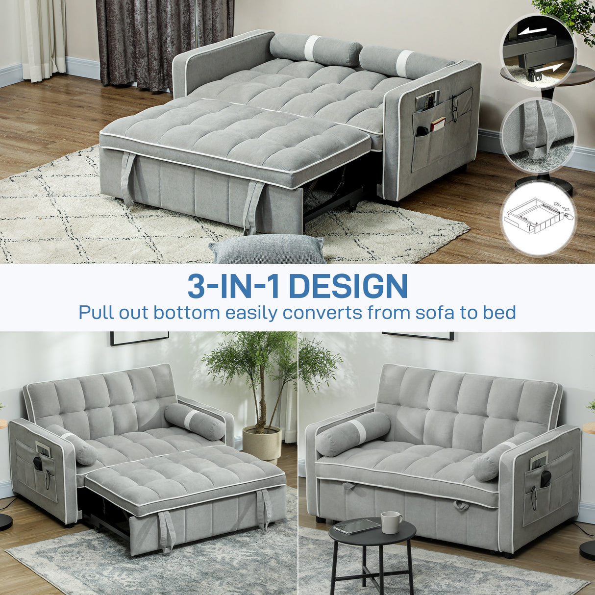 Linen Fabric 2 Seater Sofa Bed 138.5cm Wide With 2 Pillows - Velmora