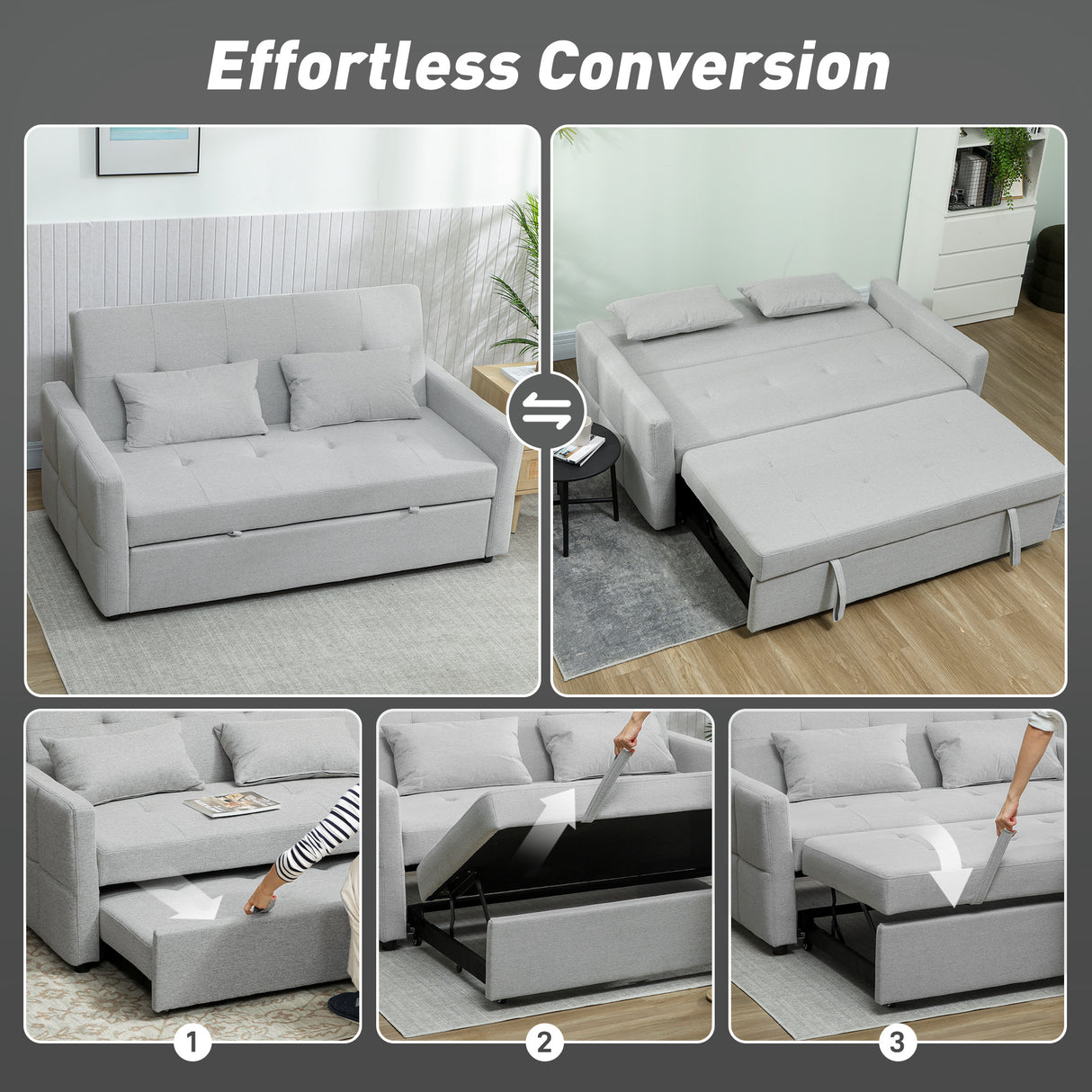 Linen Fabric 2 Seater Sofa Bed 158cm Wide With 2 Pillows - Velmora