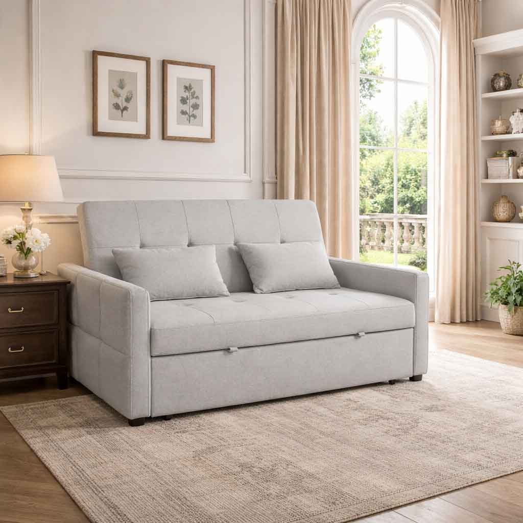 Linen Fabric 2 Seater Sofa Bed 158cm Wide With 2 Pillows - Velmora