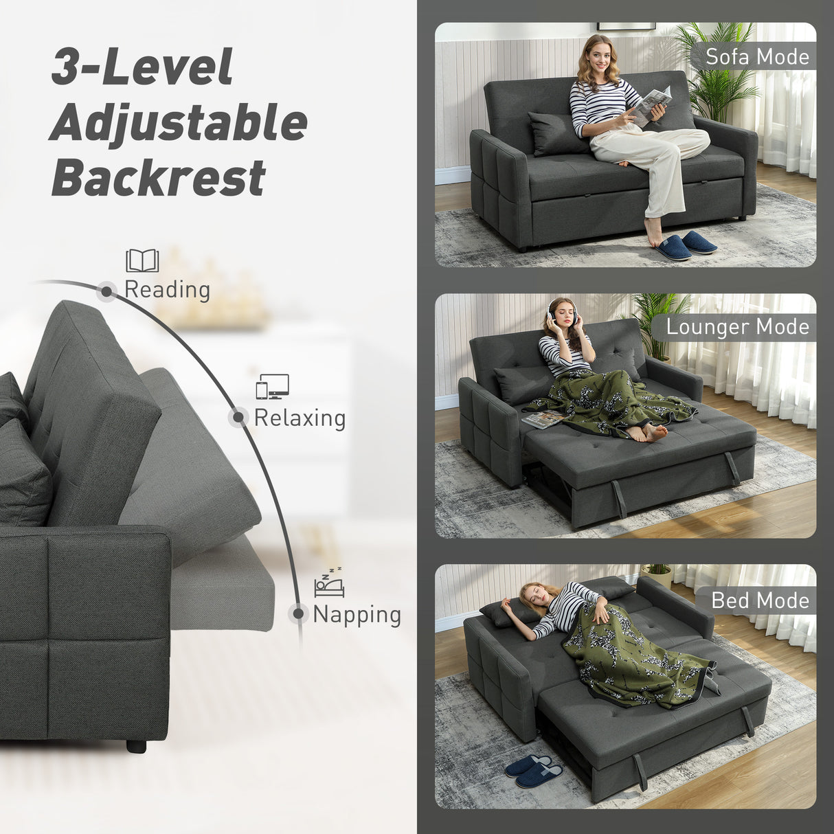 Linen Fabric 2 Seater Sofa Bed 158cm Wide With 2 Pillows - Velmora