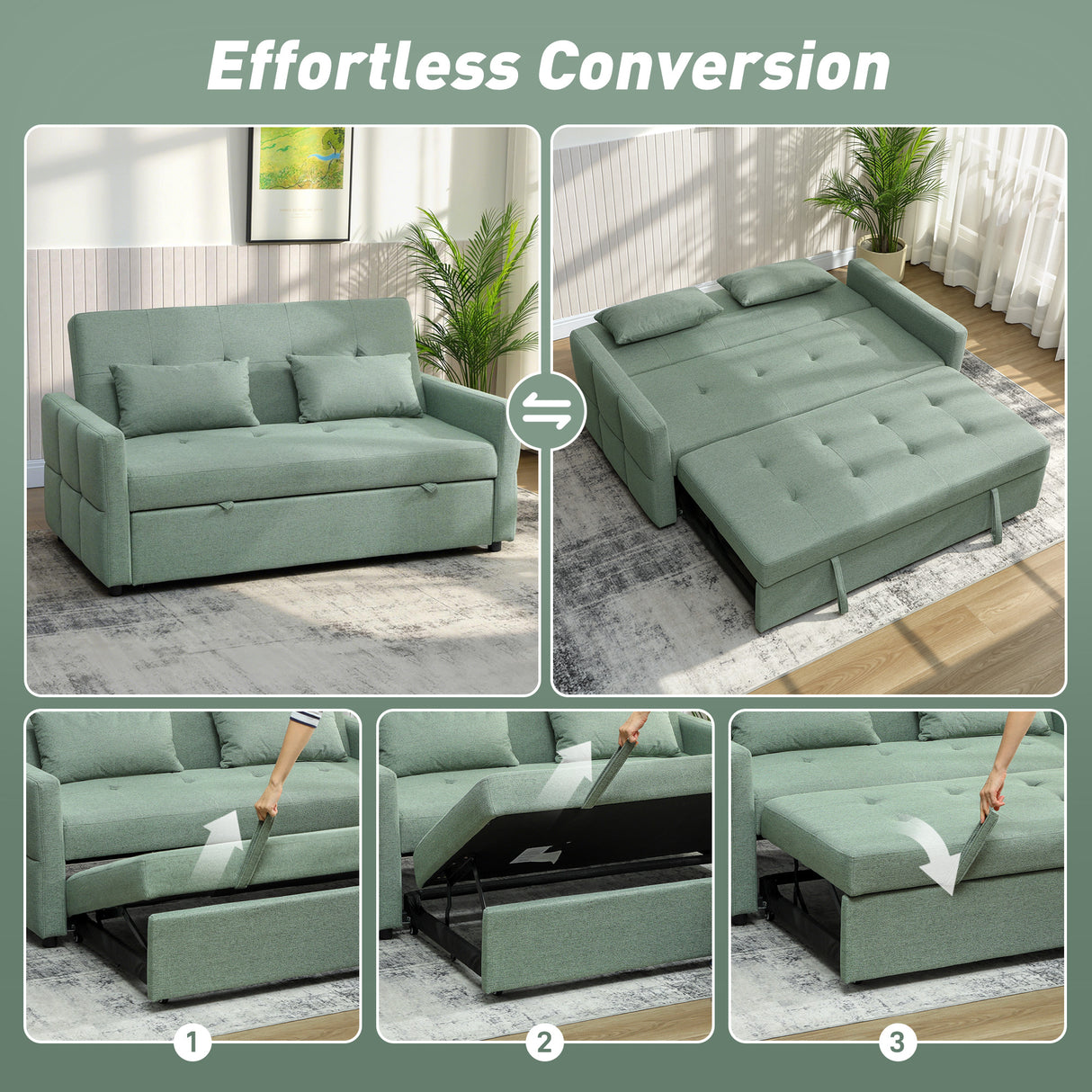Linen Fabric 2 Seater Sofa Bed 158cm Wide With 2 Pillows - Velmora