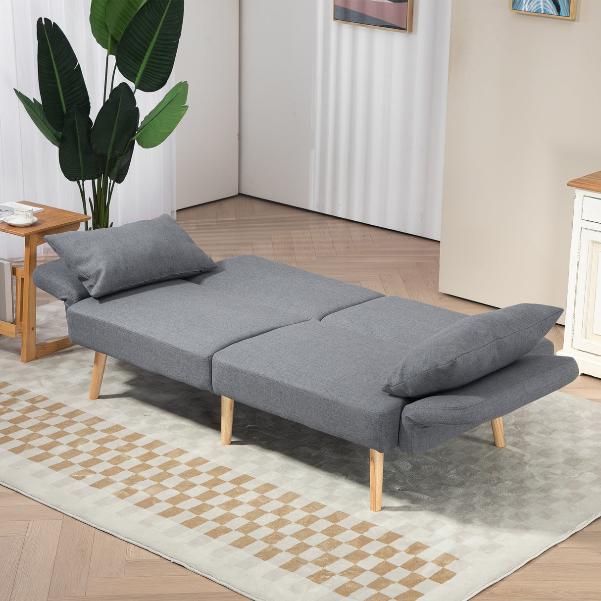 Linen Fabric 2 Seater Sofa Bed 170cm Wide With 2 Pillows - Velmora