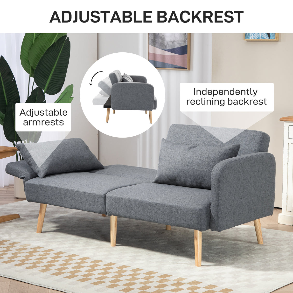 Linen Fabric 2 Seater Sofa Bed 170cm Wide With 2 Pillows - Velmora