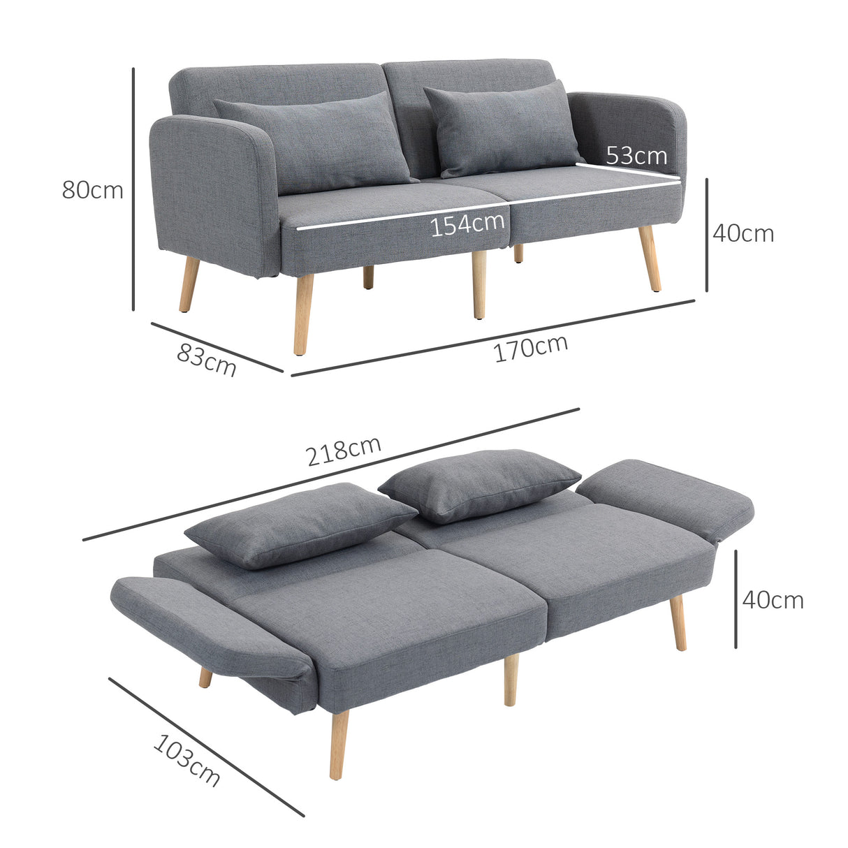 Linen Fabric 2 Seater Sofa Bed 170cm Wide With 2 Pillows - Velmora