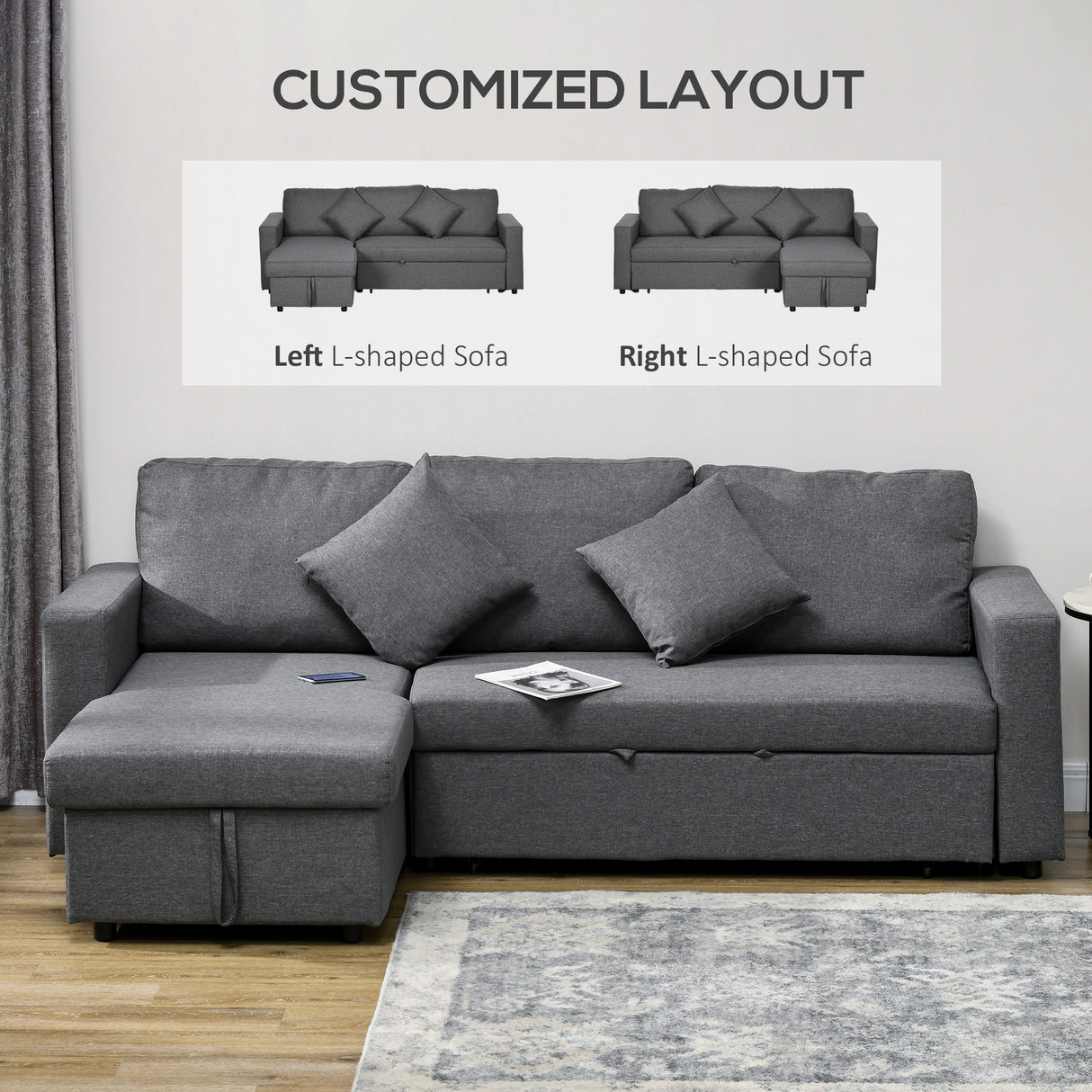Linen Fabric 2 Seater Sofa Bed 229cm Wide With Storage And 2 Pillows - Velmora