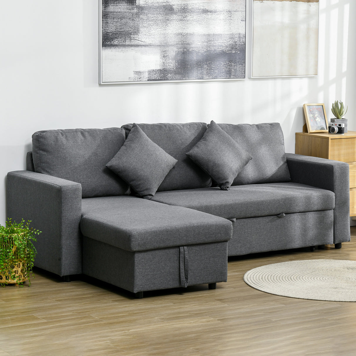 Linen Fabric 2 Seater Sofa Bed 229cm Wide With Storage And 2 Pillows - Velmora