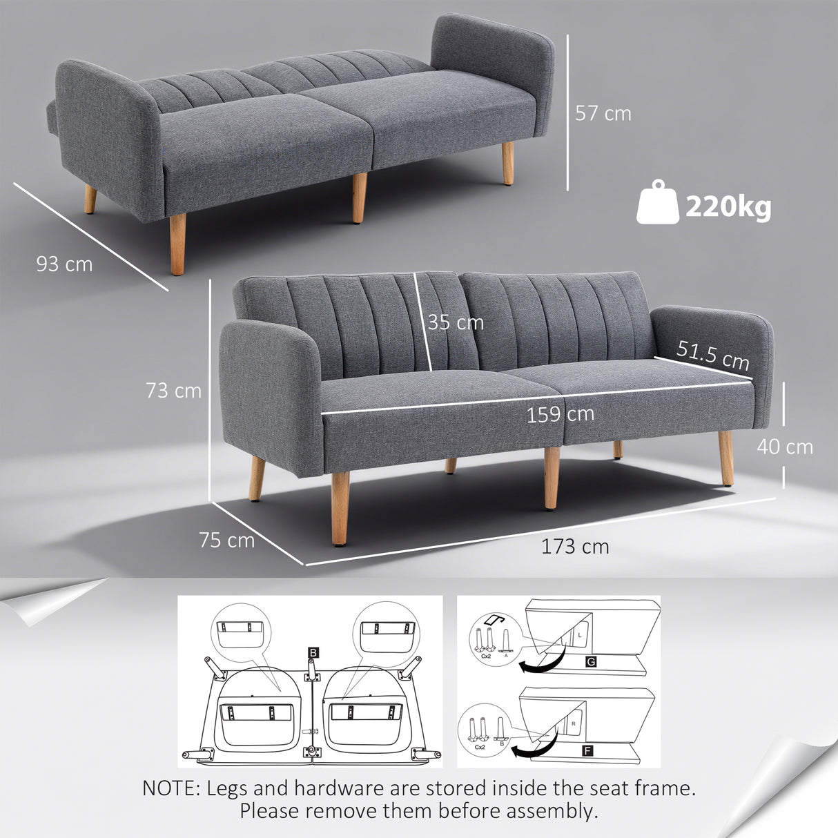 Linen Fabric 3 Seater Sofa Bed 173cm Wide With Wooden Legs - Velmora