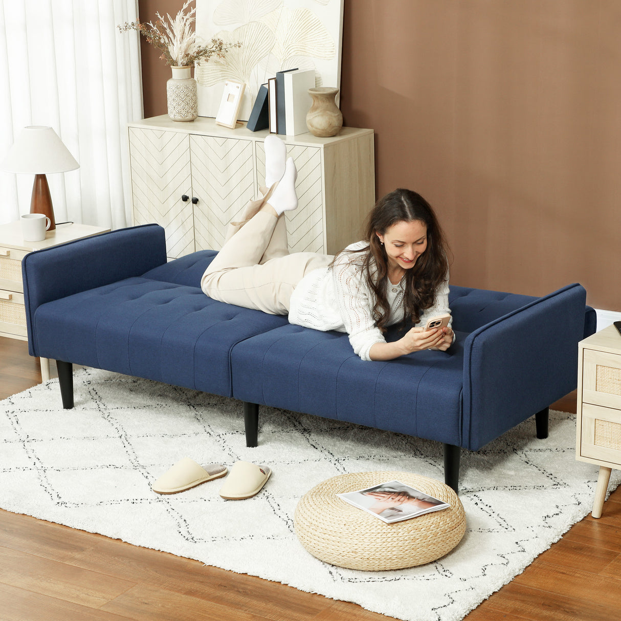 Linen Fabric 3 Seater Sofa Bed 189cm Wide With Wooden Legs - Velmora