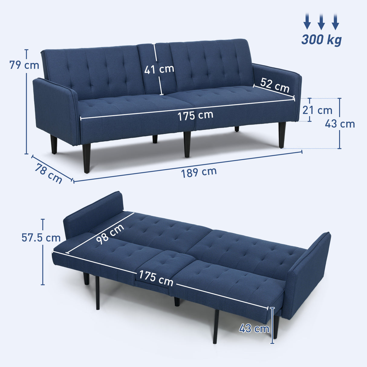 Linen Fabric 3 Seater Sofa Bed 189cm Wide With Wooden Legs - Velmora