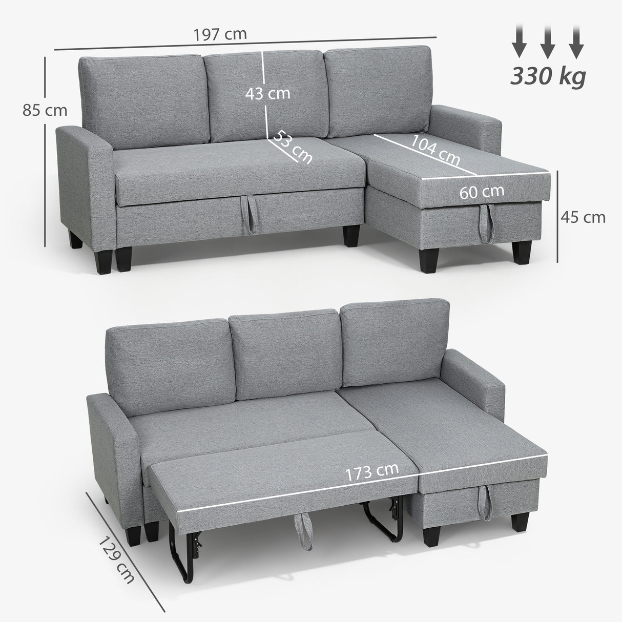Linen Fabric 3 Seater Sofa Bed 197cm Wide With Storage - Velmora