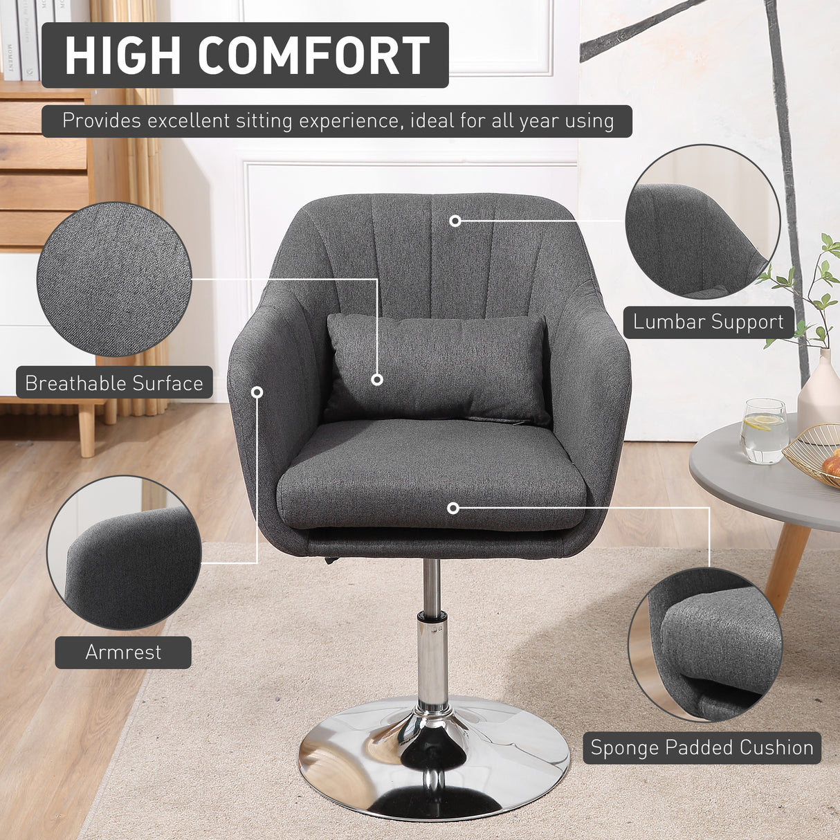 Linen Fabric Accent Chair 60cm Wide With Adjustable Height - Velmora