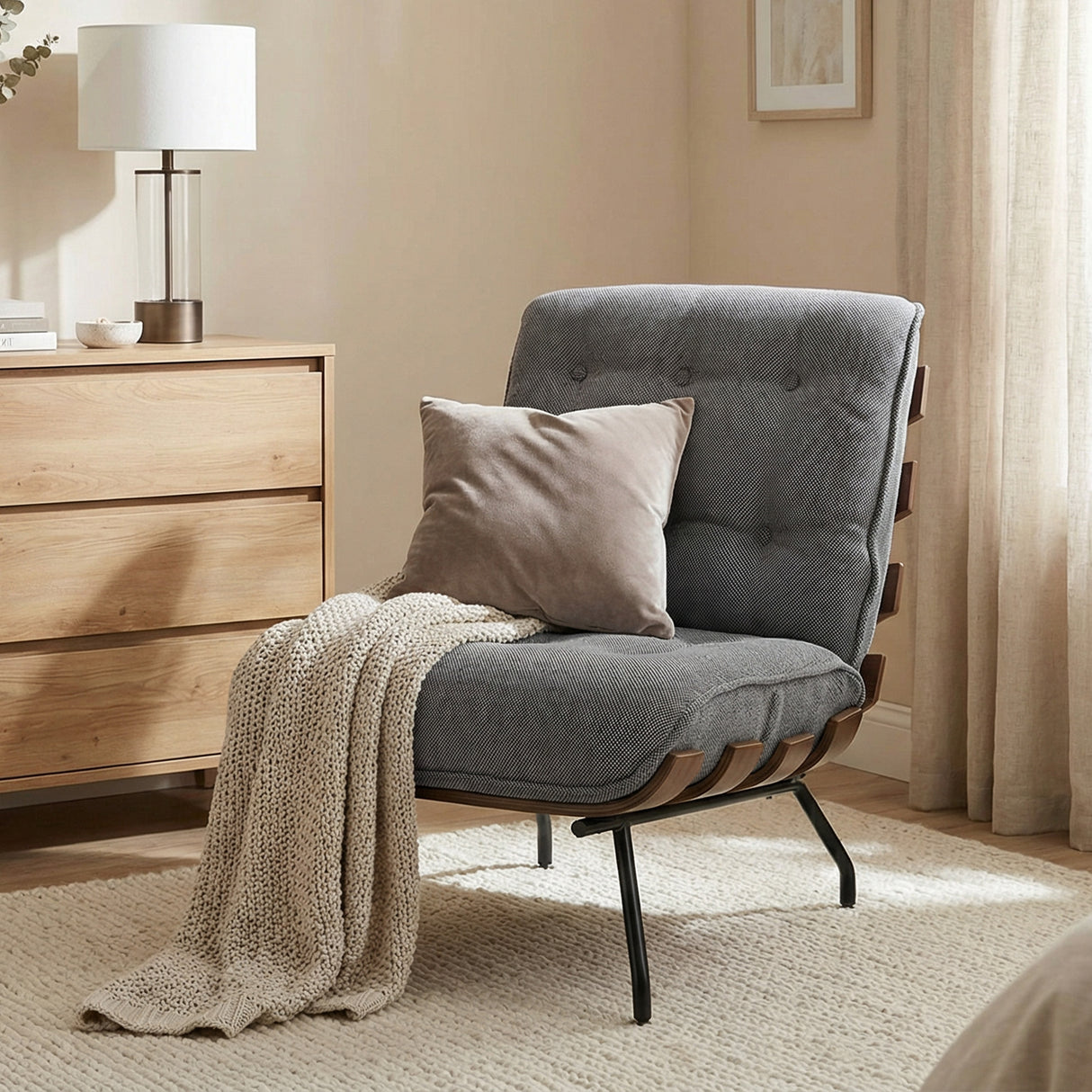 Linen Fabric Accent Chair 62.5cm Wide With Steel Legs - Velmora