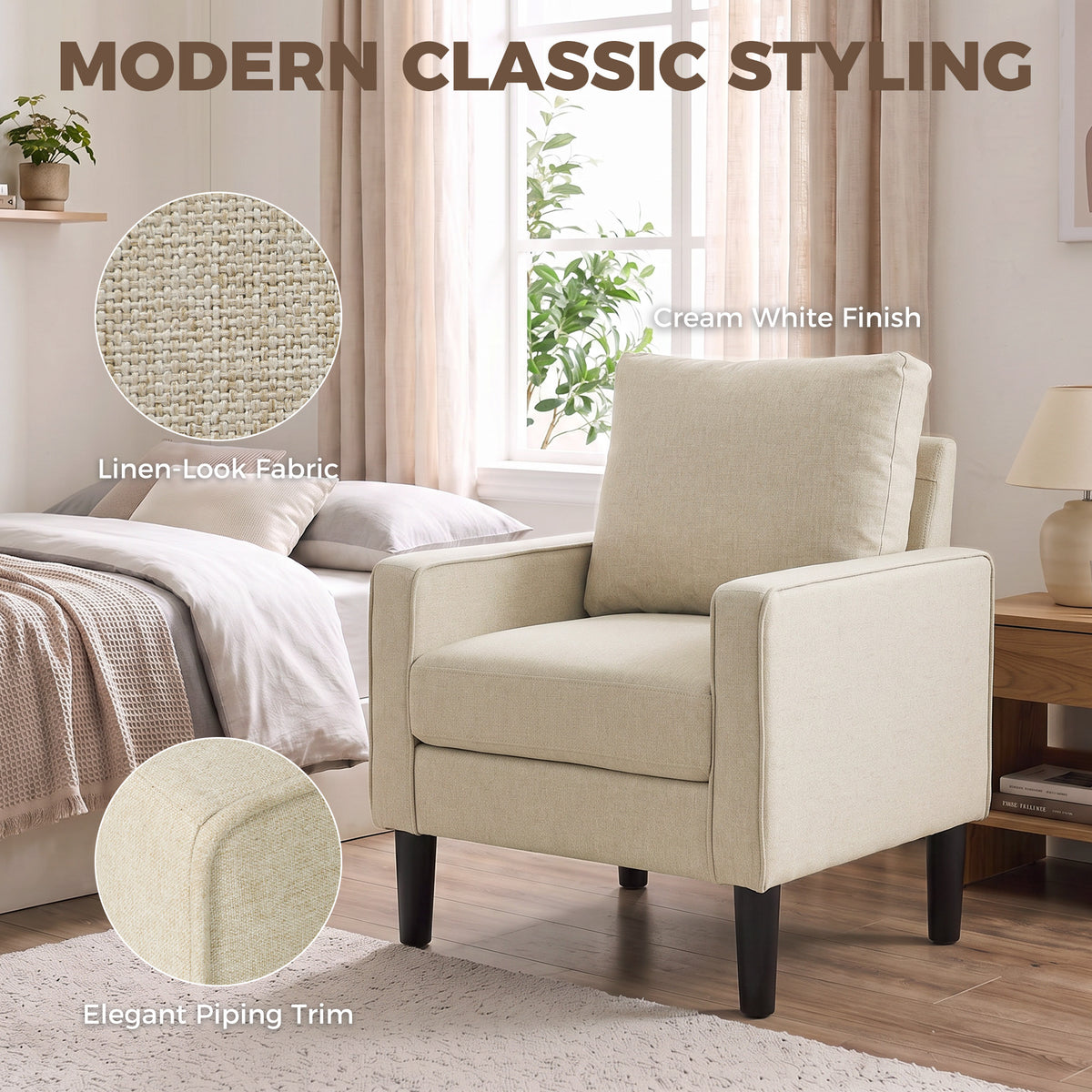 Linen Fabric Accent Chair 68cm Wide With Cushion - Velmora