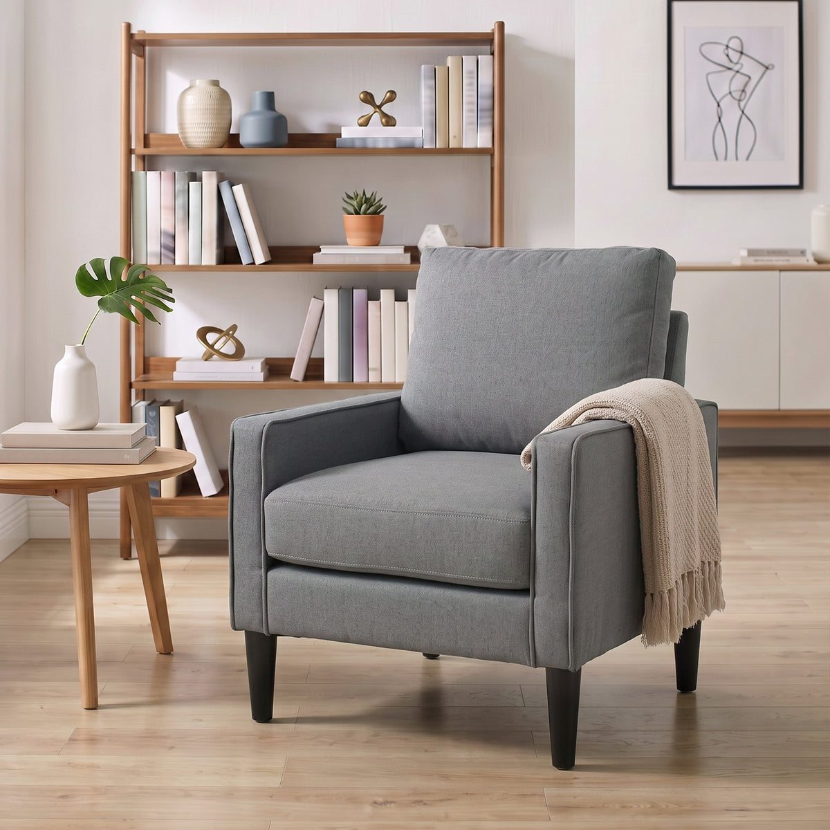 Linen Fabric Accent Chair 68cm Wide With Cushion - Velmora