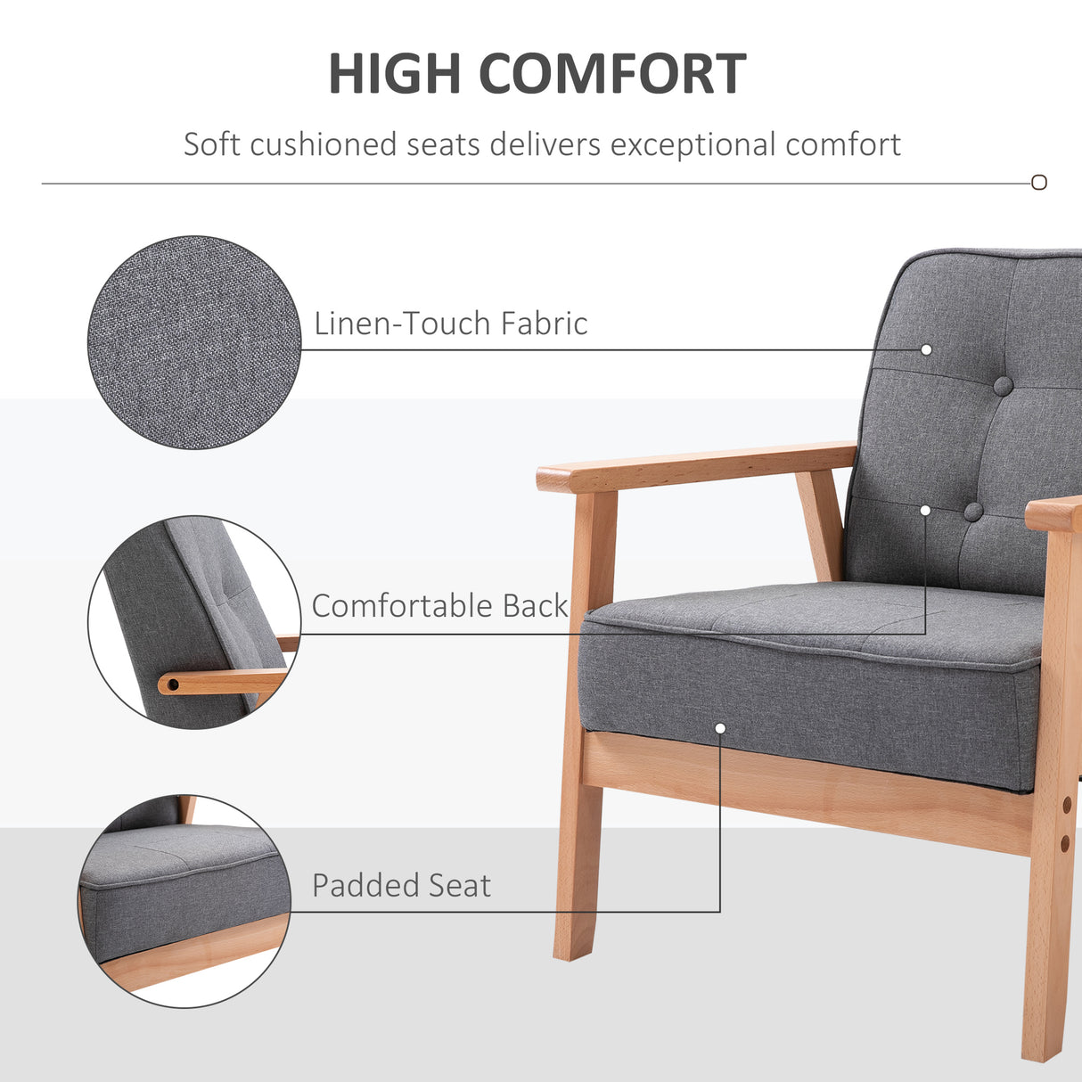 Linen Fabric Accent Chair 69cm Wide With Wooden Frame - Velmora