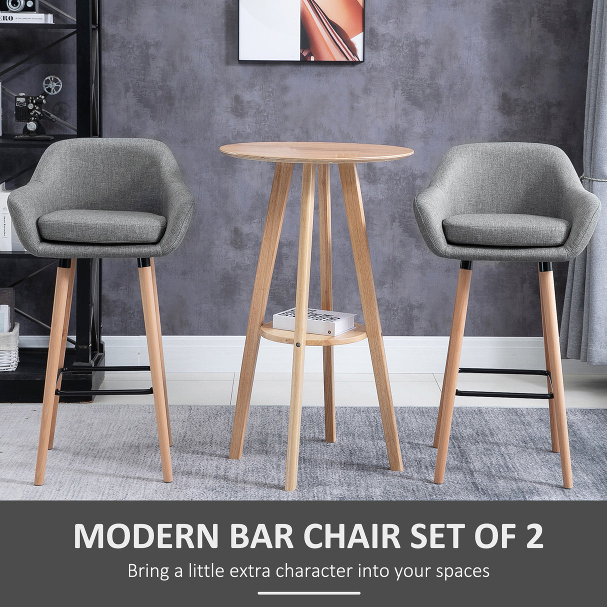 Linen Fabric Bar Chairs in Set Of 2 With Solid Wood Legs - Velmora