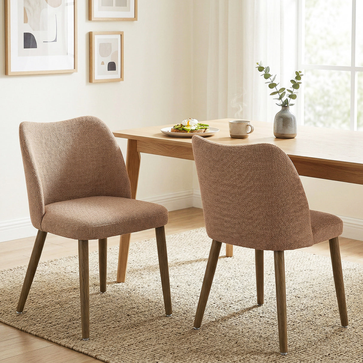 Linen Fabric Dining Chairs in Set Of 2 With Rubberwood Legs - Velmora