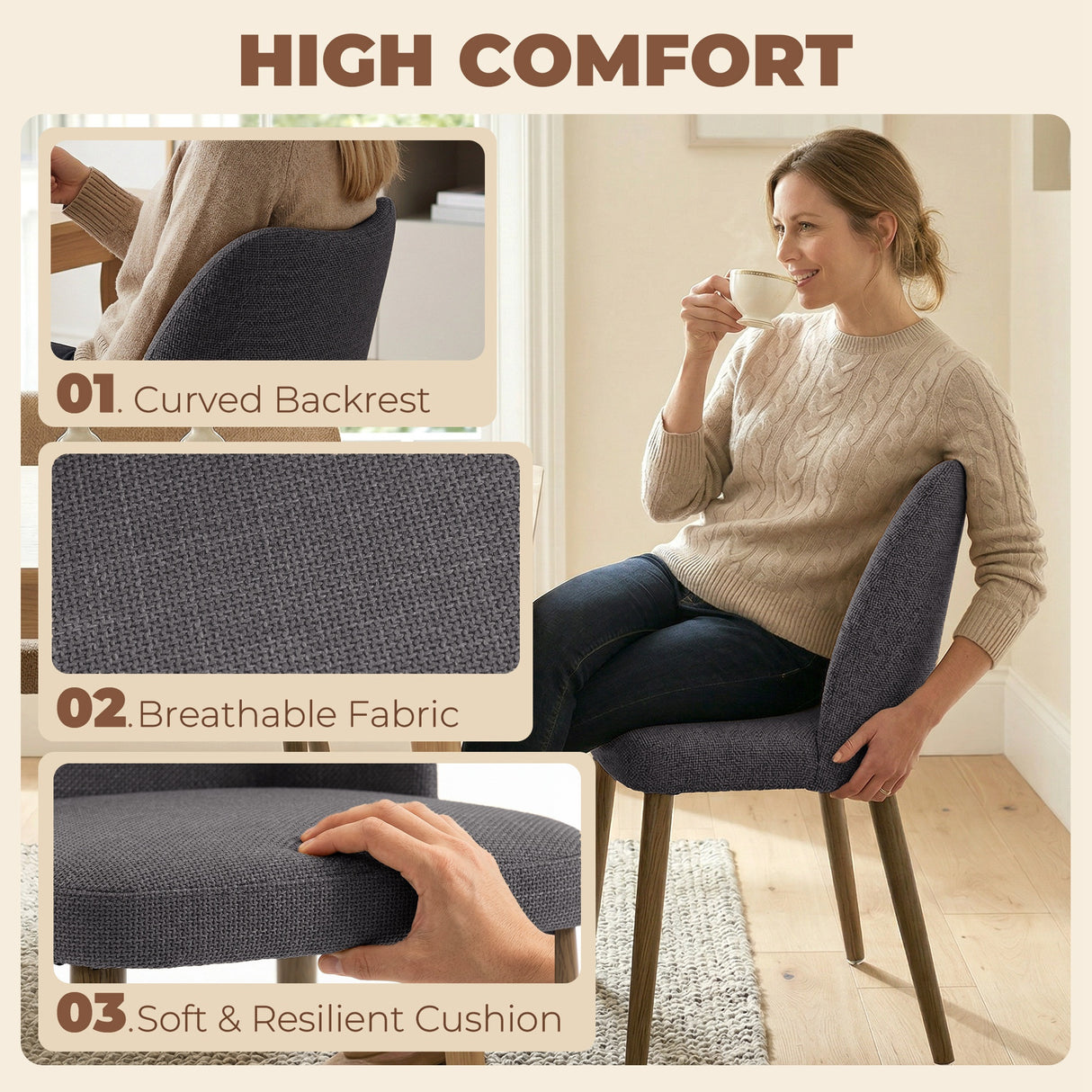 Linen Fabric Dining Chairs in Set Of 2 With Rubberwood Legs - Velmora