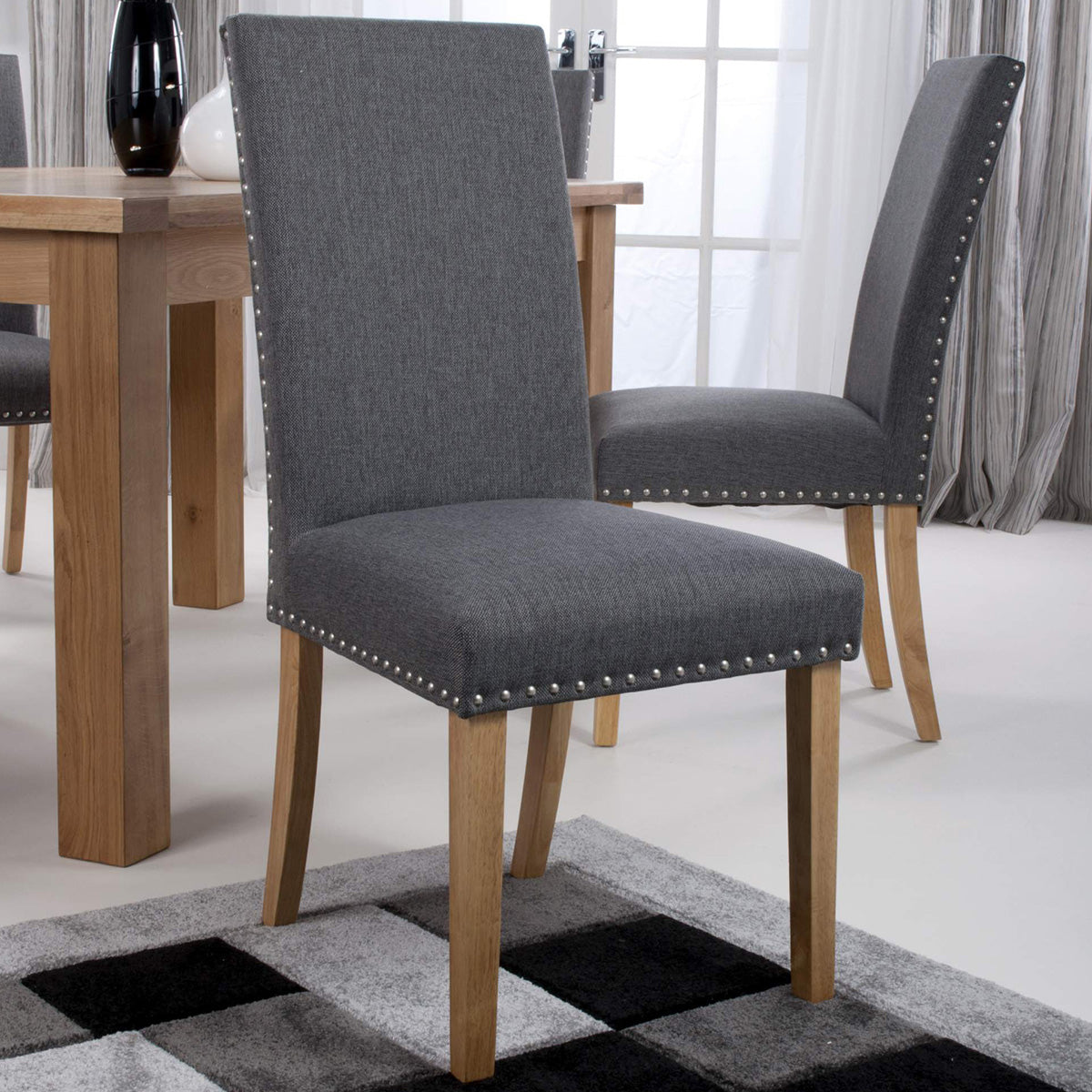 Linen Fabric Dining Chairs in Set Of 2 With Stud Details And Natural Legs - Randall